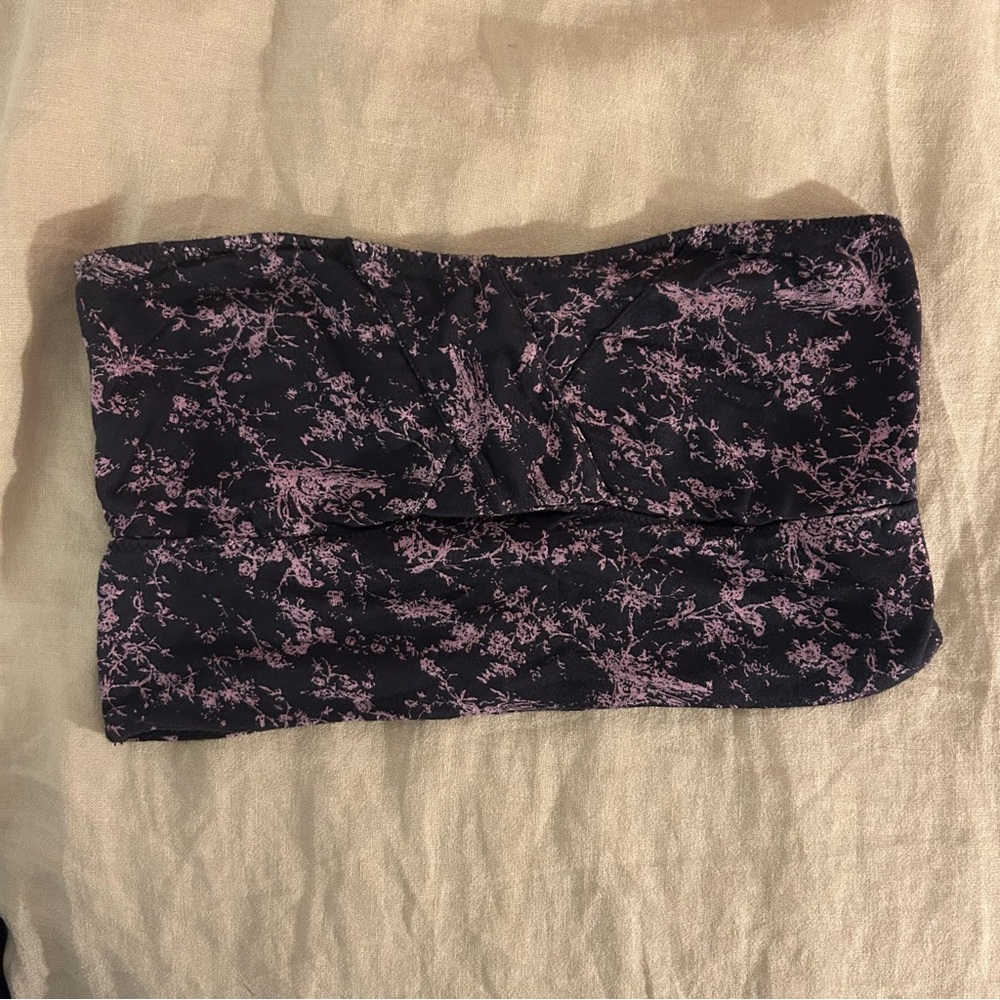 Black Strapless Floral Bandeau Top with Pink Print